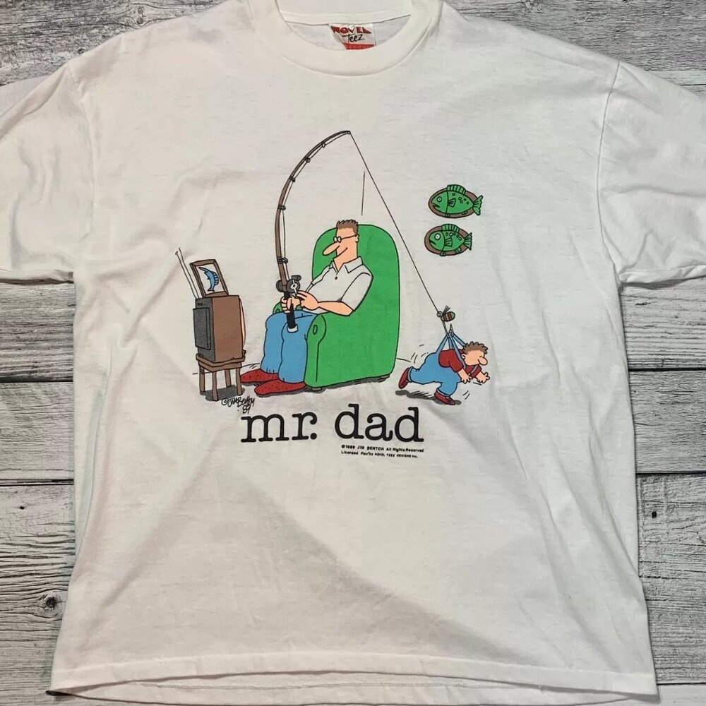 Vintage Jim Benton Mr Dad White Fishing 80's Parenting Novel Teez Shirt